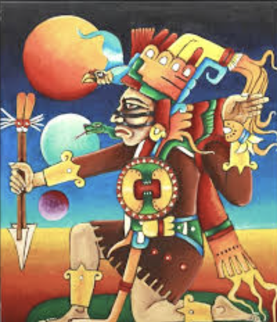 Colorful depiction of a Mayan or Aztec warrior with elaborate headdress, holding a spear, with a vibrant sky and celestial bodies in the background.