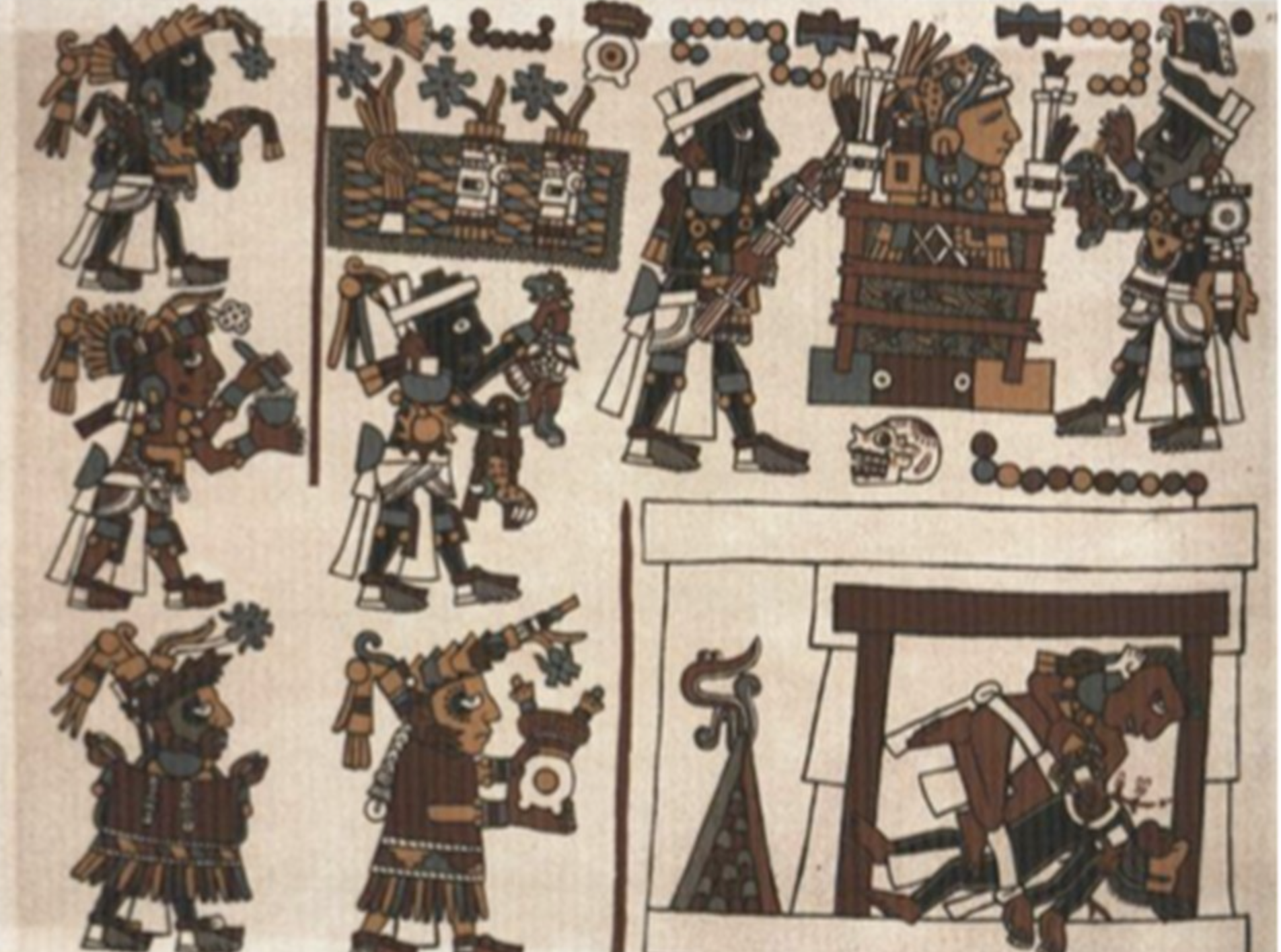 Traditional indigenous artwork featuring stylized human figures, animals, and symbols in earth tones like brown, black, and white, arranged in a detailed, narrative scene.