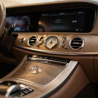 Close-up of a car dashboard with a wooden finish, analog clock, and air vents.