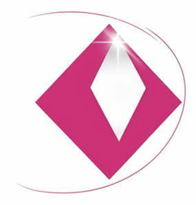 Pink diamond-shaped logo with a white diamond shape inside and a sparkle at the top, with curved lines