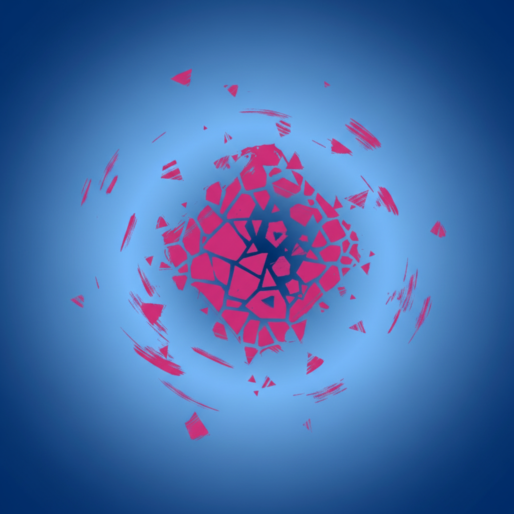 Digital illustration of a red shattered cube with fragments swirling outward against a blue background.
