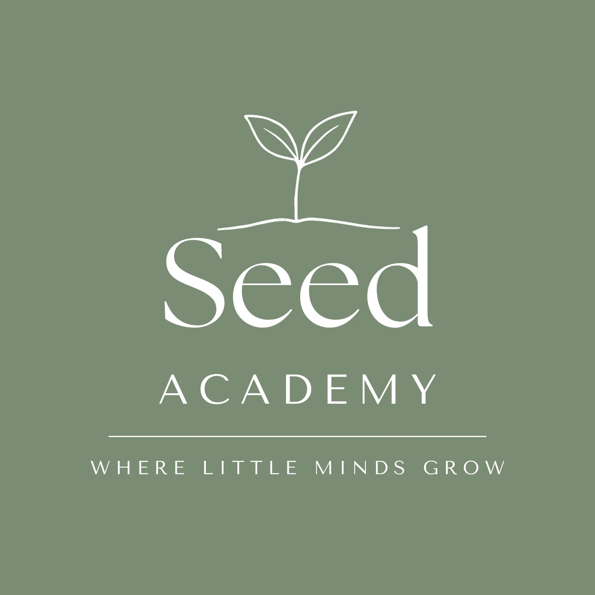 Green background with white text reading "Seed Academy" and the phrase "Where little minds grow" underneath, featuring a simple white line drawing of a seedling