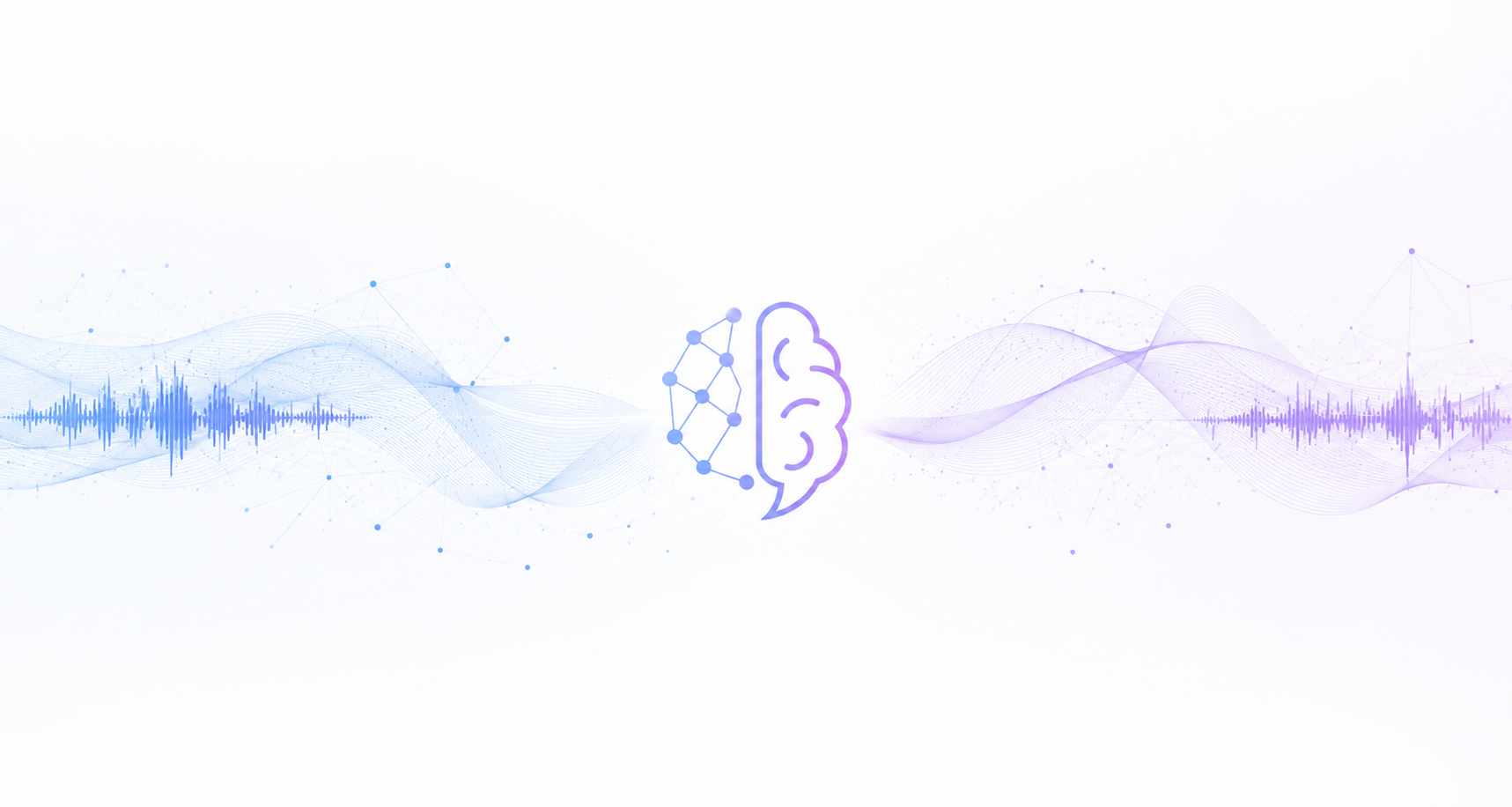 Digital illustration of a brain split into two halves with a neural network symbol on the left and sound wave patterns on both sides, representing artificial intelligence and sound analysis.
