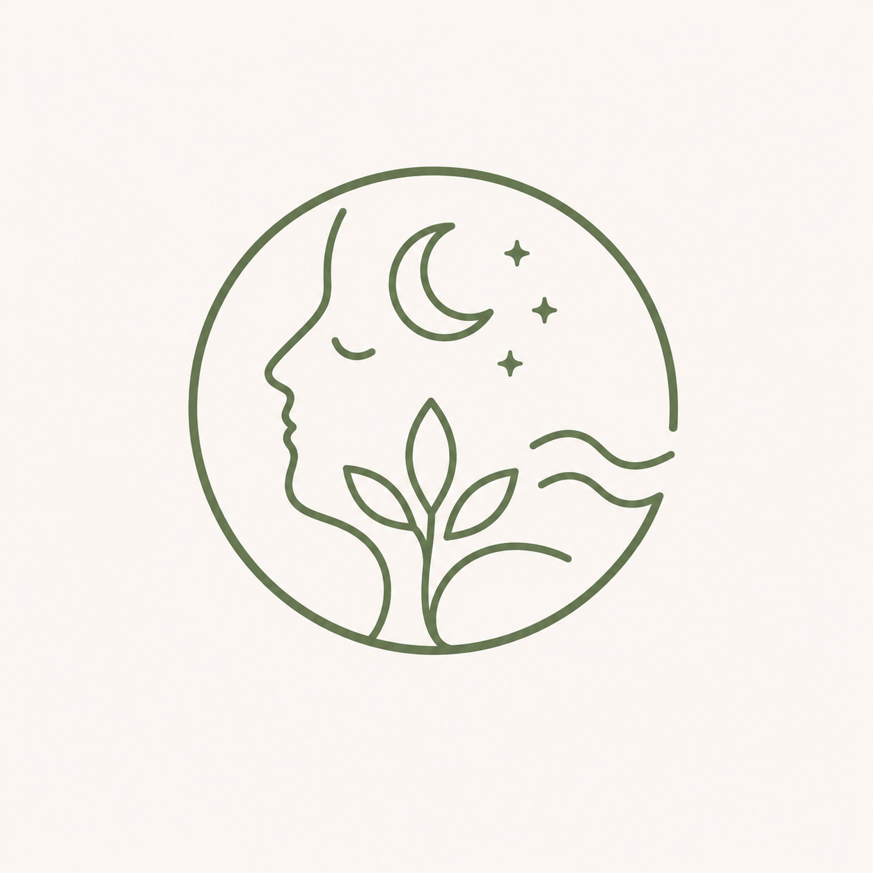 Minimalist line drawing of a crescent moon, stars, a person's face in profile, and plant leaves inside a circle.