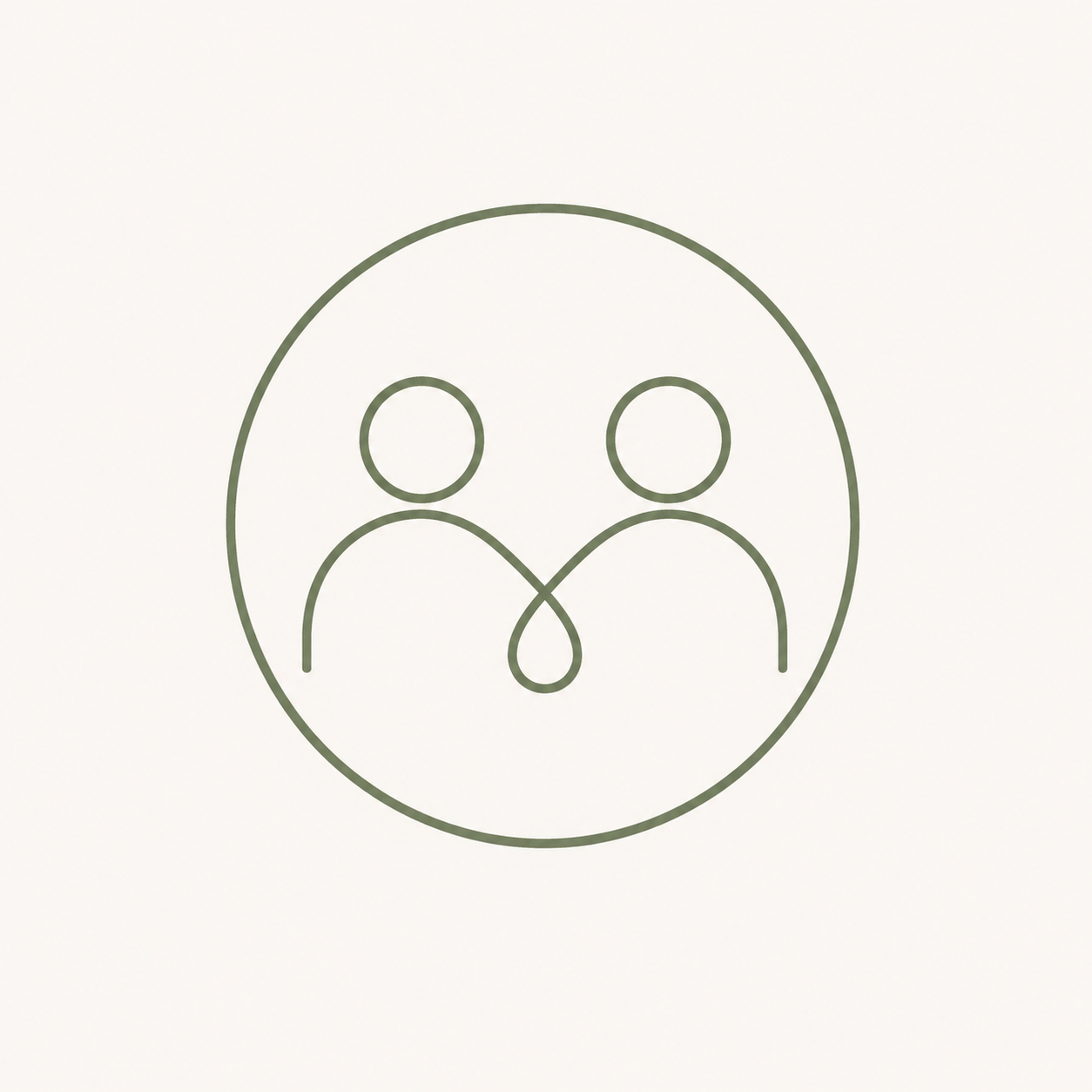 Line drawing of two human figures connected by a loop, enclosed in a circle.