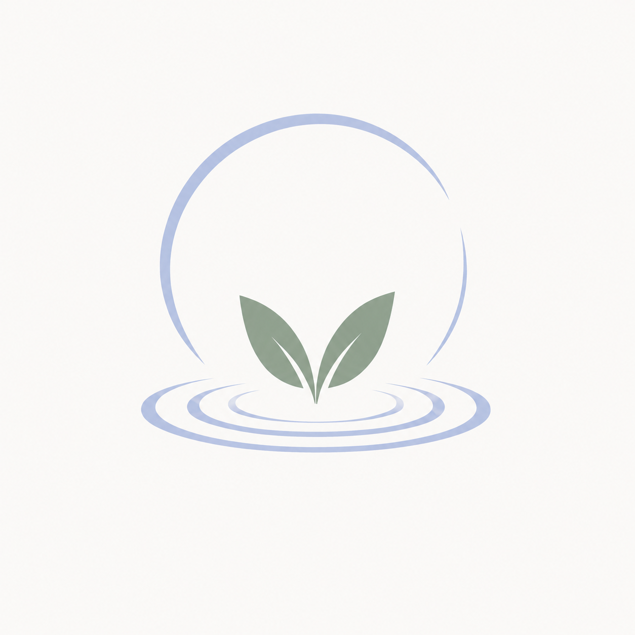 A minimalist graphic depicting two green leaves emerging from water, with a circular arc and ripples surrounding them.