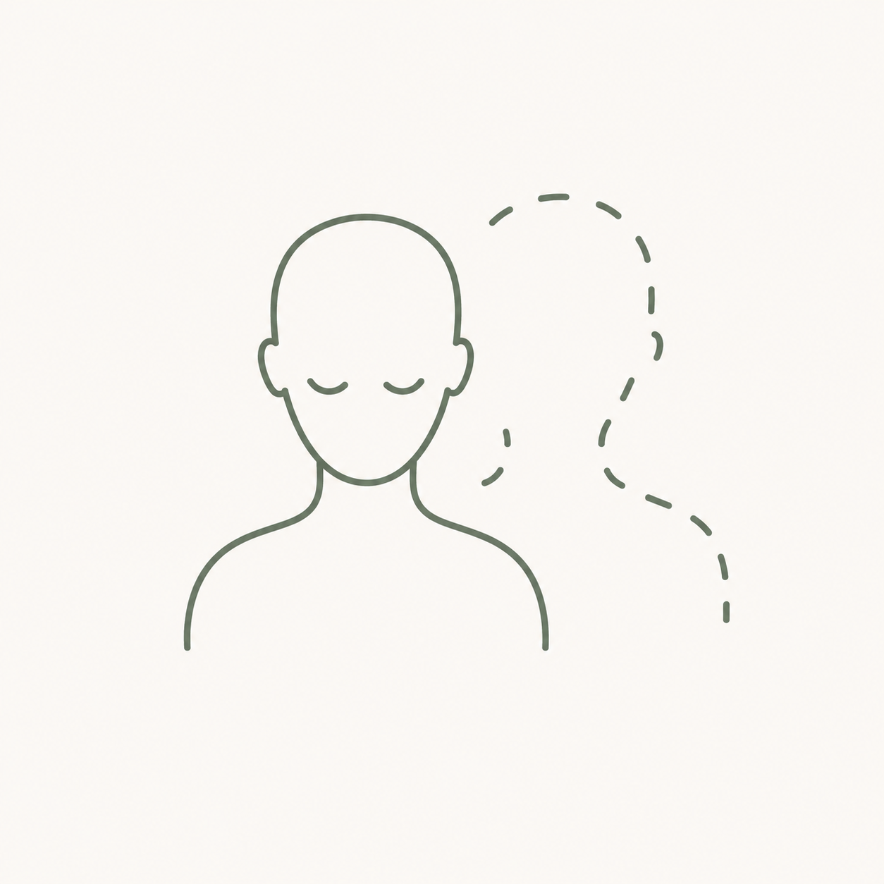 Line drawing of a person's head with closed eyes, showing a path of dashed lines around the head, possibly indicating a focus on mental or facial meditation.