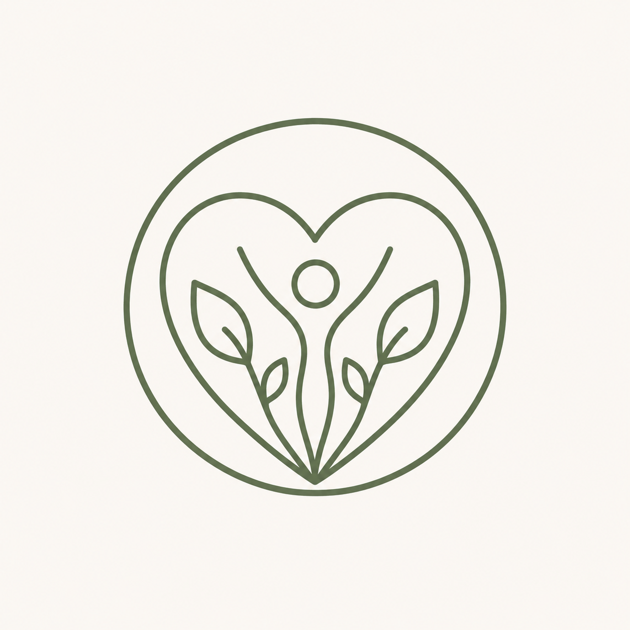 A minimalist line drawing of a person with arms raised, surrounded by a heart-shaped outline, with leaf motifs and a circle above the person's head.