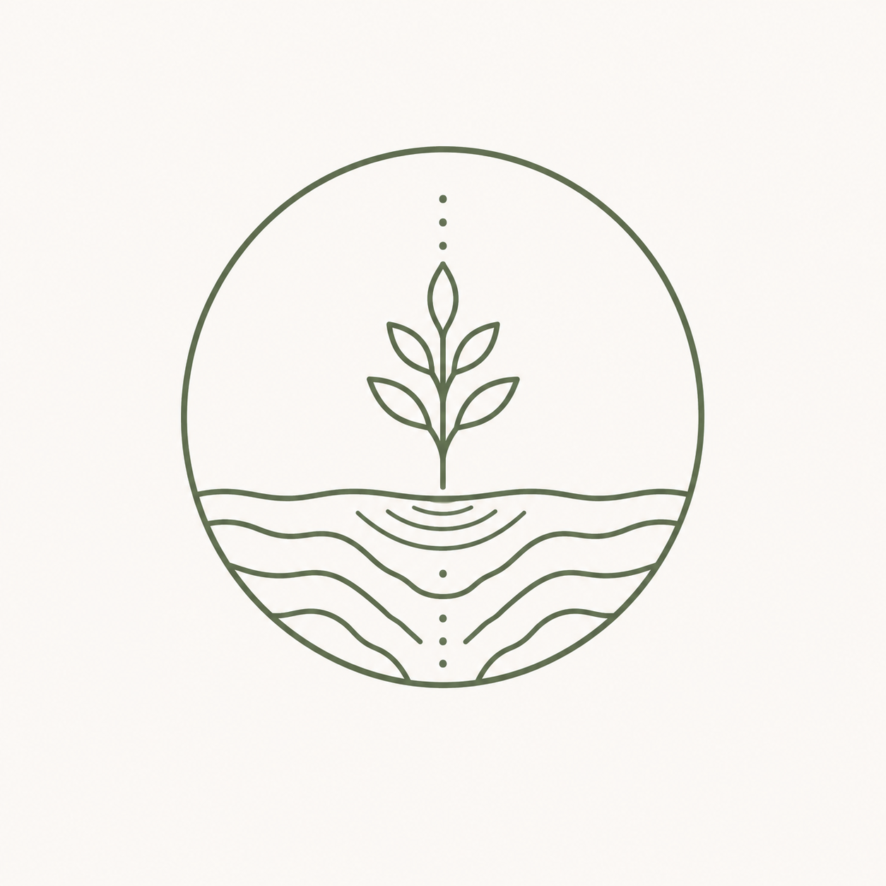 Minimalist line drawing of a plant with leaves growing above water, enclosed within a circle.