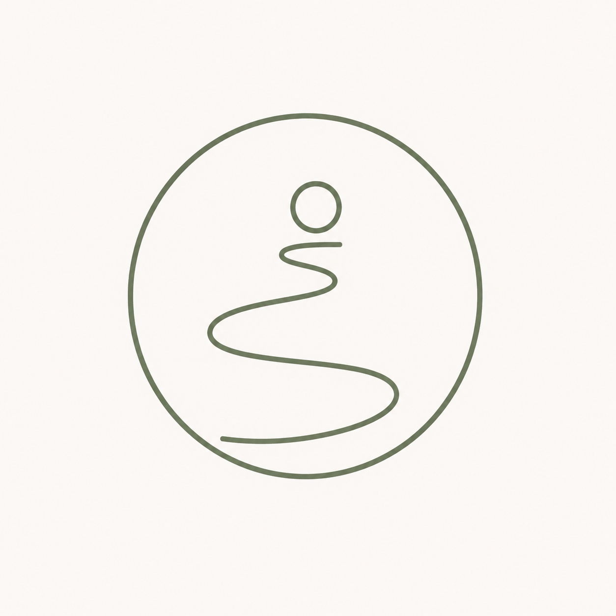 Minimalist line drawing of a human figure inside a circle, with a dot representing the head and a curved line forming the body and limbs.