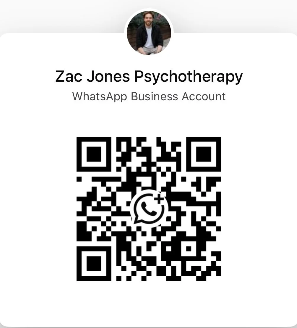 WhatsApp business account profile for Zac Jones Psychotherapy, including a QR code.