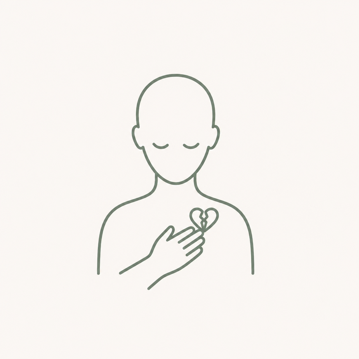 A simple line drawing of a person holding a heart pierced by a crack over their chest.