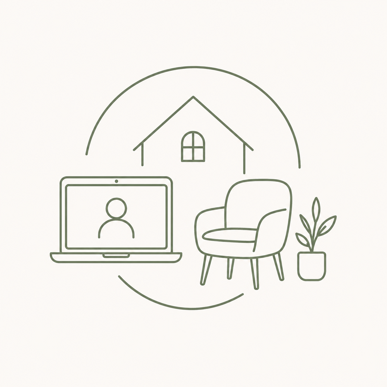 Minimalistic illustration of a home interior, featuring a laptop with a person icon on the screen, an armchair, a potted plant, and a house in the background, suggesting a cozy home office or living space.