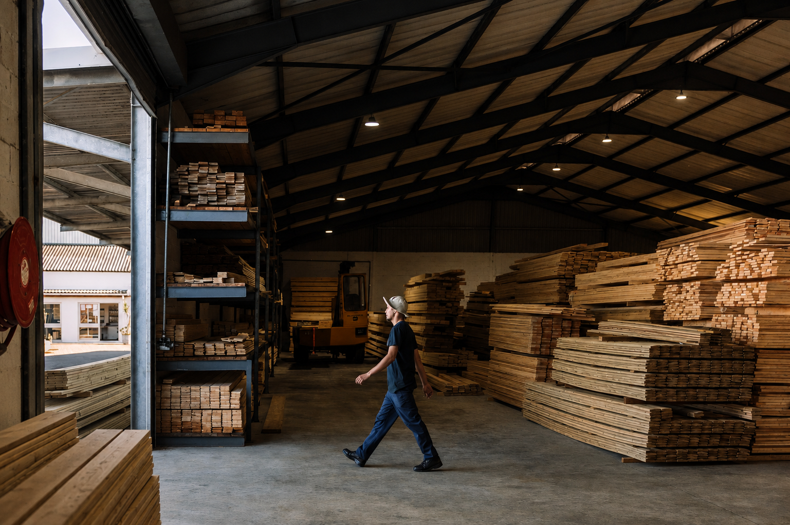 A person in a hard hat walking through a lumber storage warehouse with stacks of wood on shelves and on the floor, and a small forklift in the background.