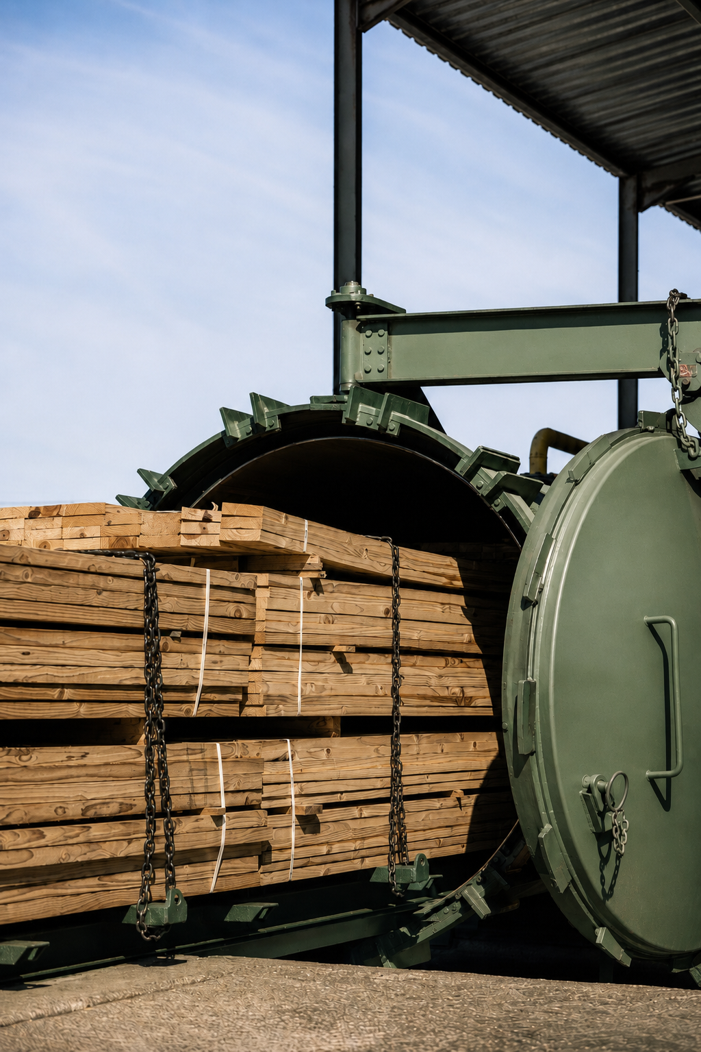 Stacks of lumber loaded onto a green industrial wood processor machine with chains securing the wood, against a partly cloudy sky.