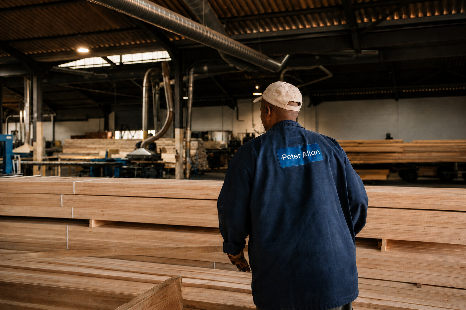 A man wearing a navy work jacket with the name 'Peter Allan' on the back, a white cap, and gloves, standing in a woodworking factory surrounded by stacks of cut wood and machinery.