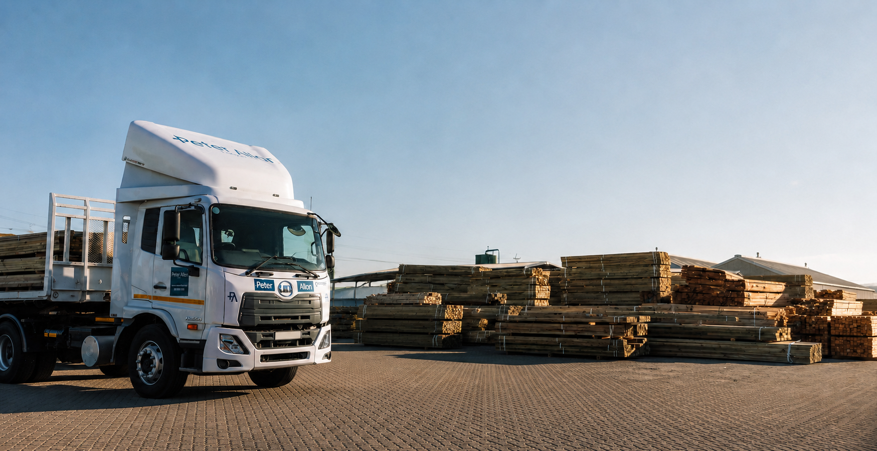 A white truck labeled 'Peter Allen' parked near stacks of lumber and wood planks in an outdoor storage yard under a clear blue sky.