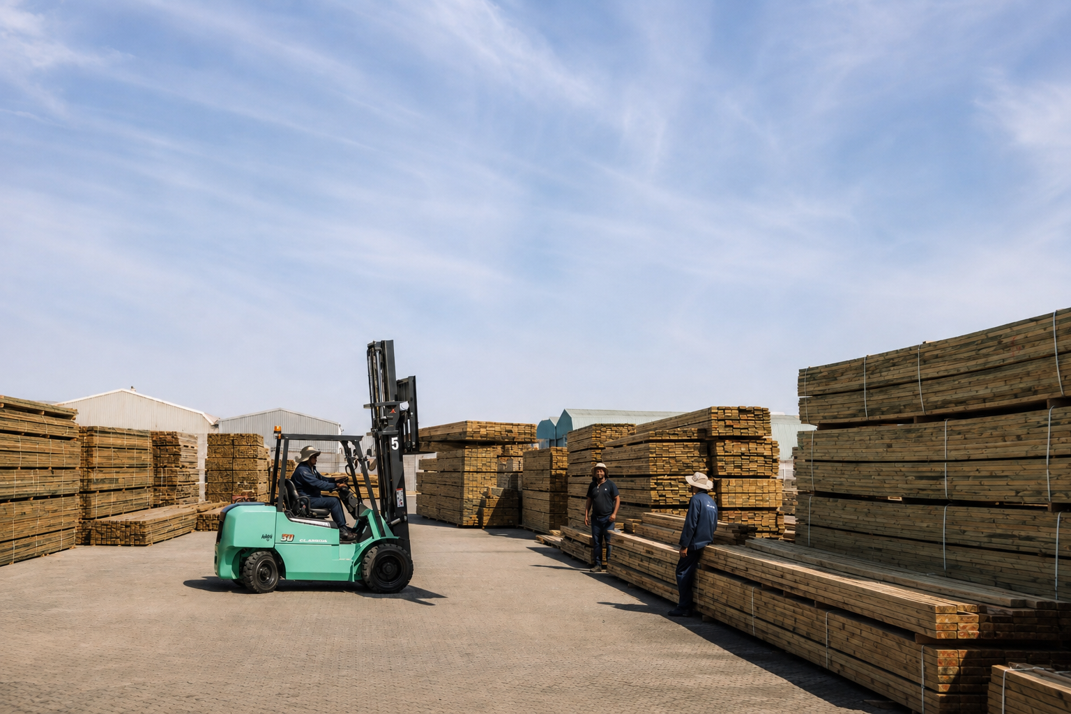 Workers in a lumber yard with stacks of wood, a forklift, and warehouse buildings under a clear sky.