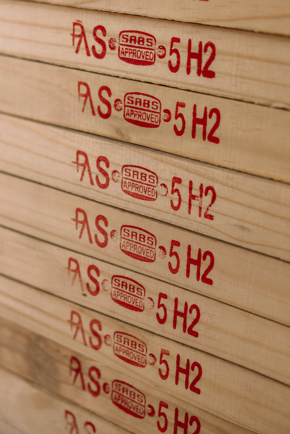 Stacked pieces of wood with red stamped markings reading 'SABS Approved' and the designation '5 H2'.