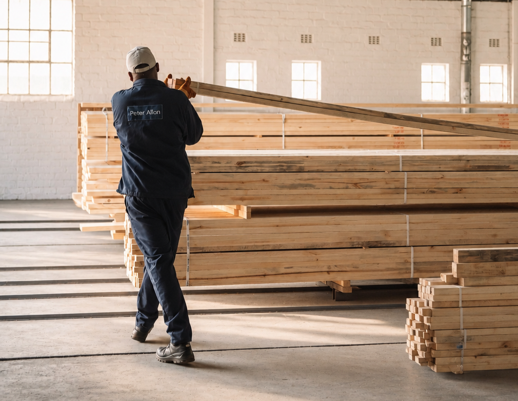 Man in work clothes carrying a long wooden plank inside a warehouse with stacks of lumber.
