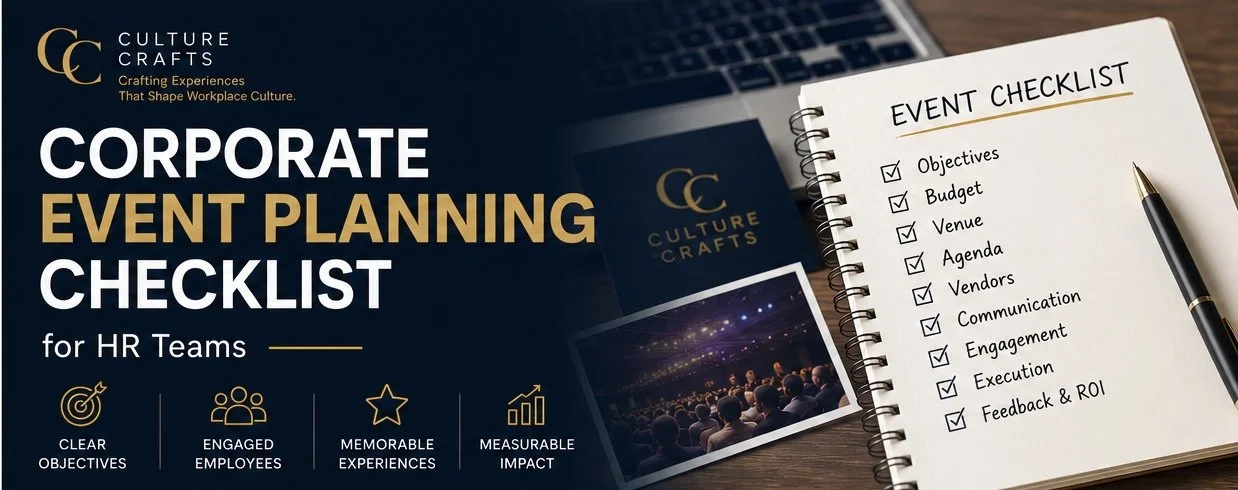 Corporate event planning checklist for HR teams covering objectives, employee engagement, memorable workplace experiences, and measurable event success.