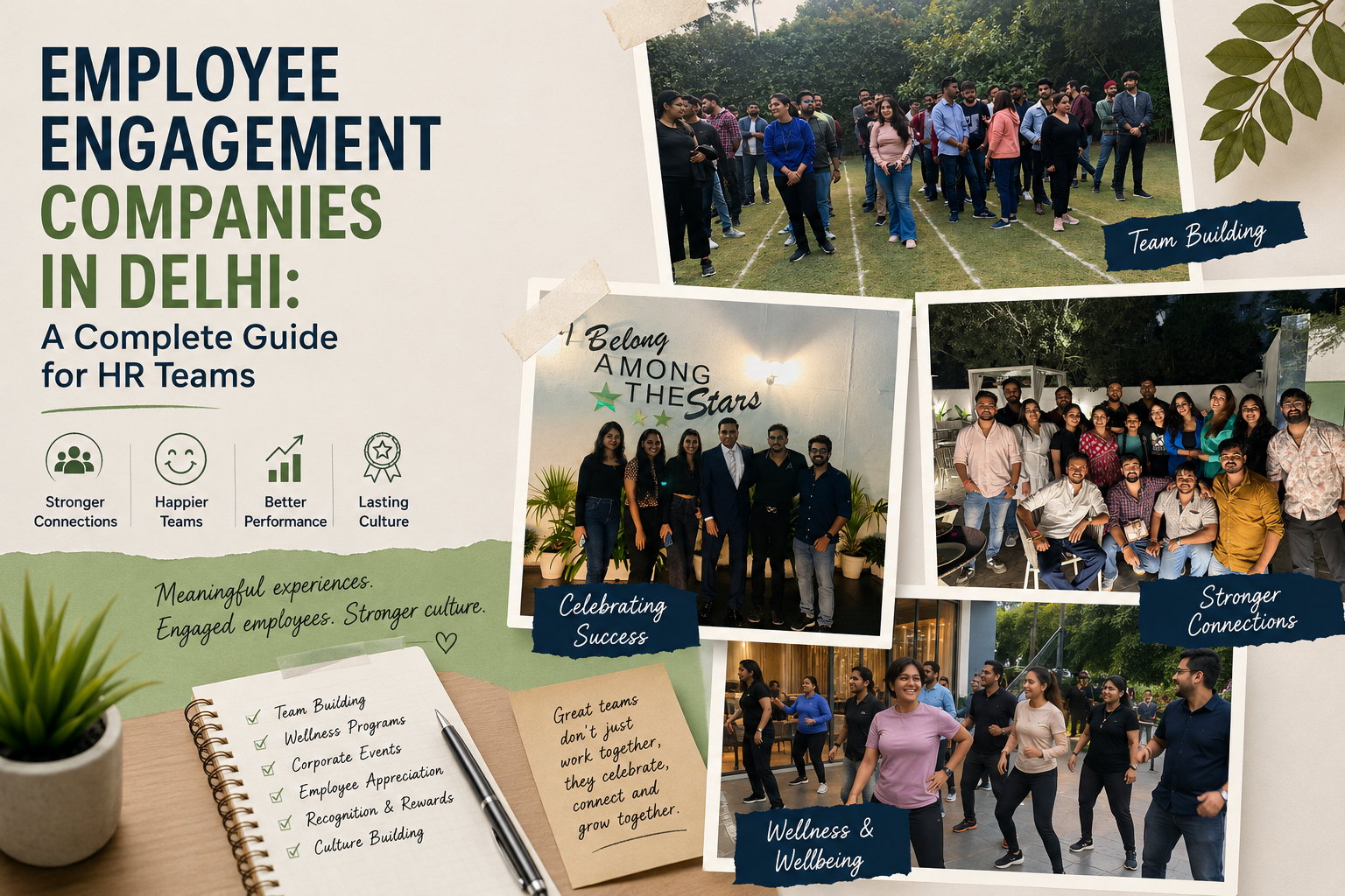 Employee engagement activities in Delhi NCR featuring corporate team building, employee celebrations, wellness programs, and workplace experiences for HR teams.