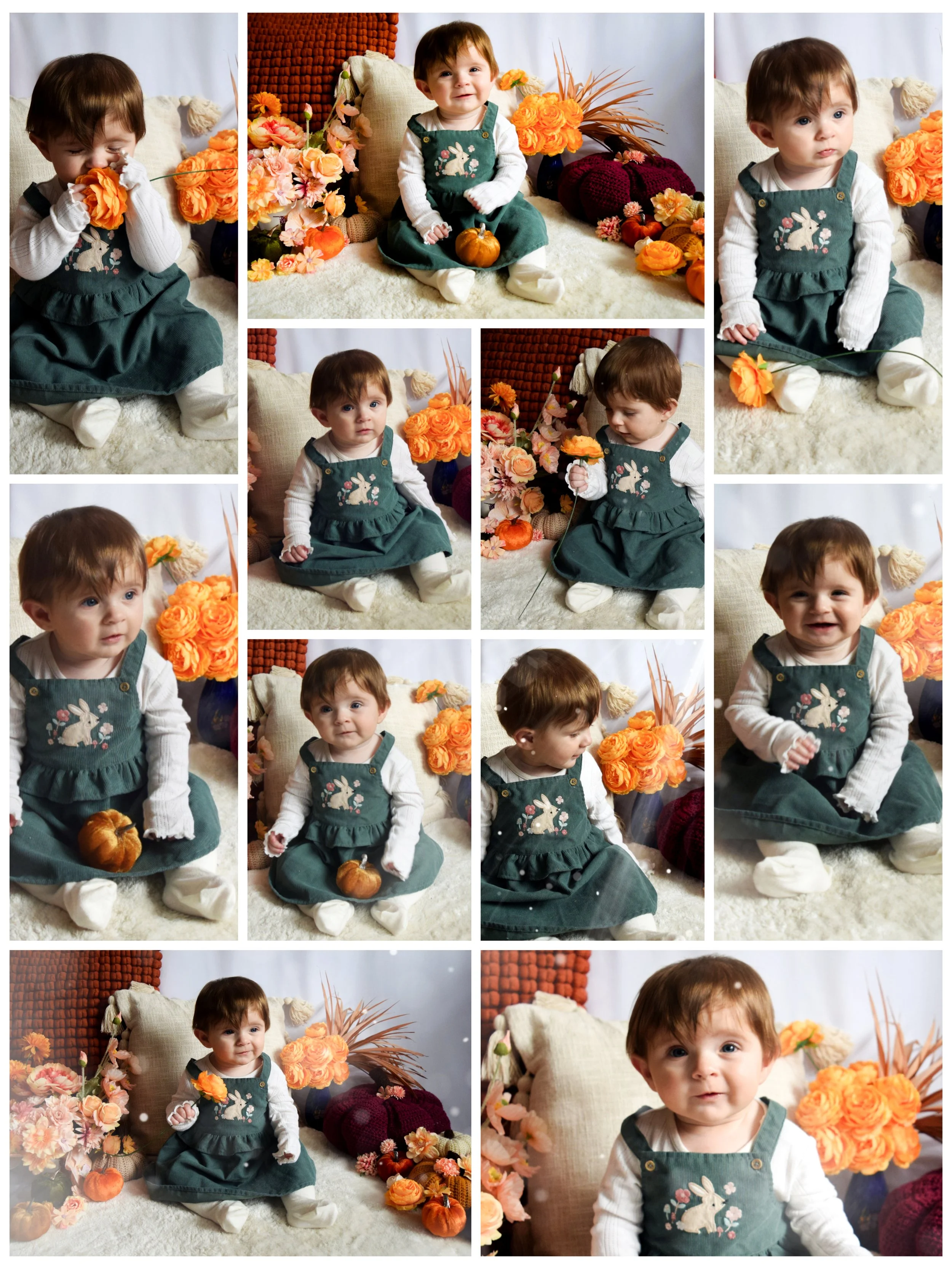 A professional baby milestone photography storybook collage featuring a sitting baby surrounded by flowers, captured by a Camberley baby photographer.