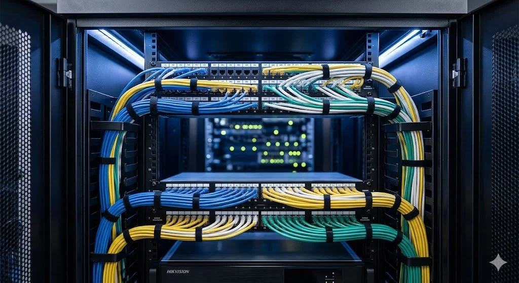 Bir server odasında kablolar ve ağ cihazları