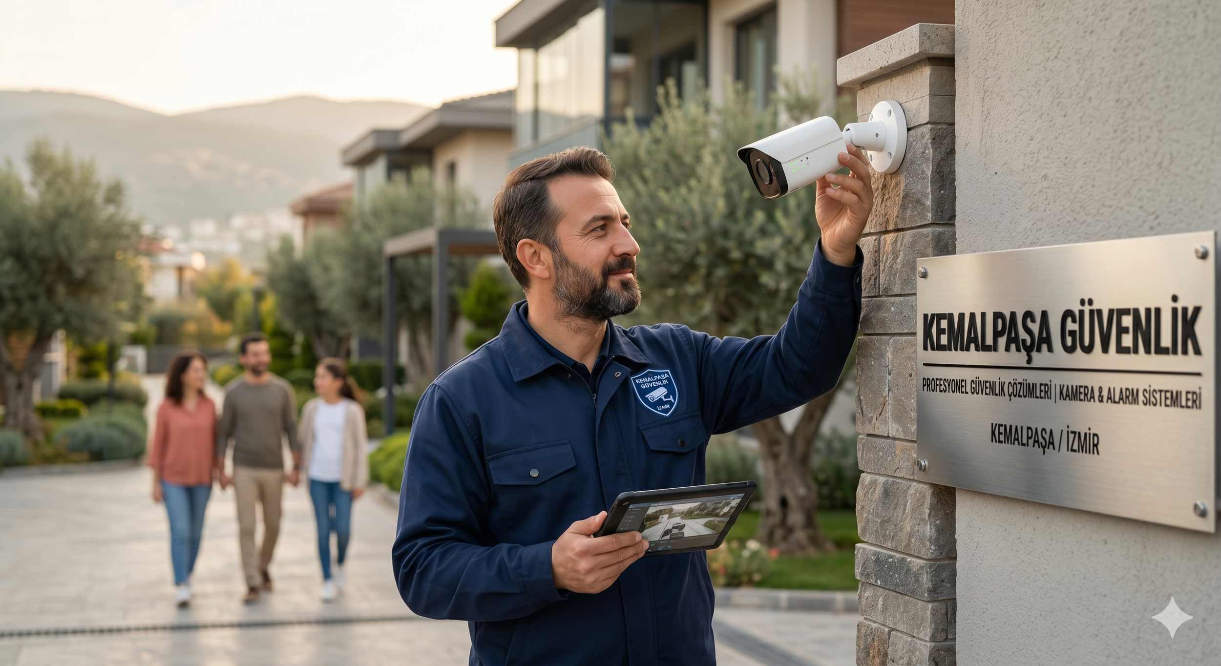 Bir güvenlik görevlisi, duvara montelenmiş bir kamera ve alarm sistemlerini kontrol ederken, elinde tablet tutuyor. Arka planda birkaç kişi yürüyüş yapıyor ve bahçeleriyle çevrili apartmanlar görülebiliyor.