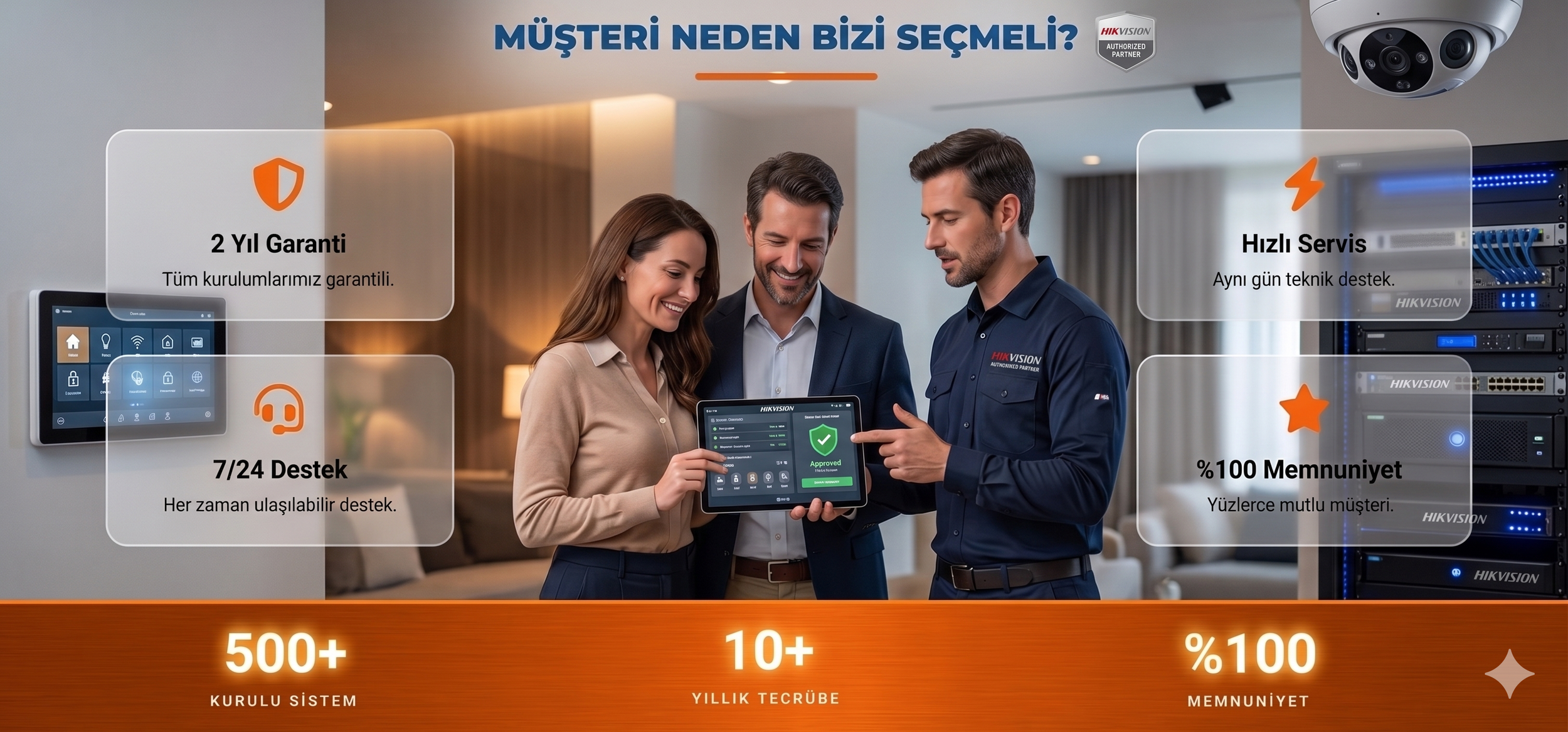 Bir ofis ortamında, iki erkek ve bir kadın, bir tablet ve akıllı telefon kullanırken. Arka planda bir güvenlik kamerası ve çeşitli güvenlik sistemleri ekranları görülüyor. Üst kısımda mavi harflerle "Müşteri Neden Bizi Seçmeli?" yazısı yer alıyor. Sağda, güvenlik sistemleri ve hizmetleri hakkında bilgiler bulunuyor.
