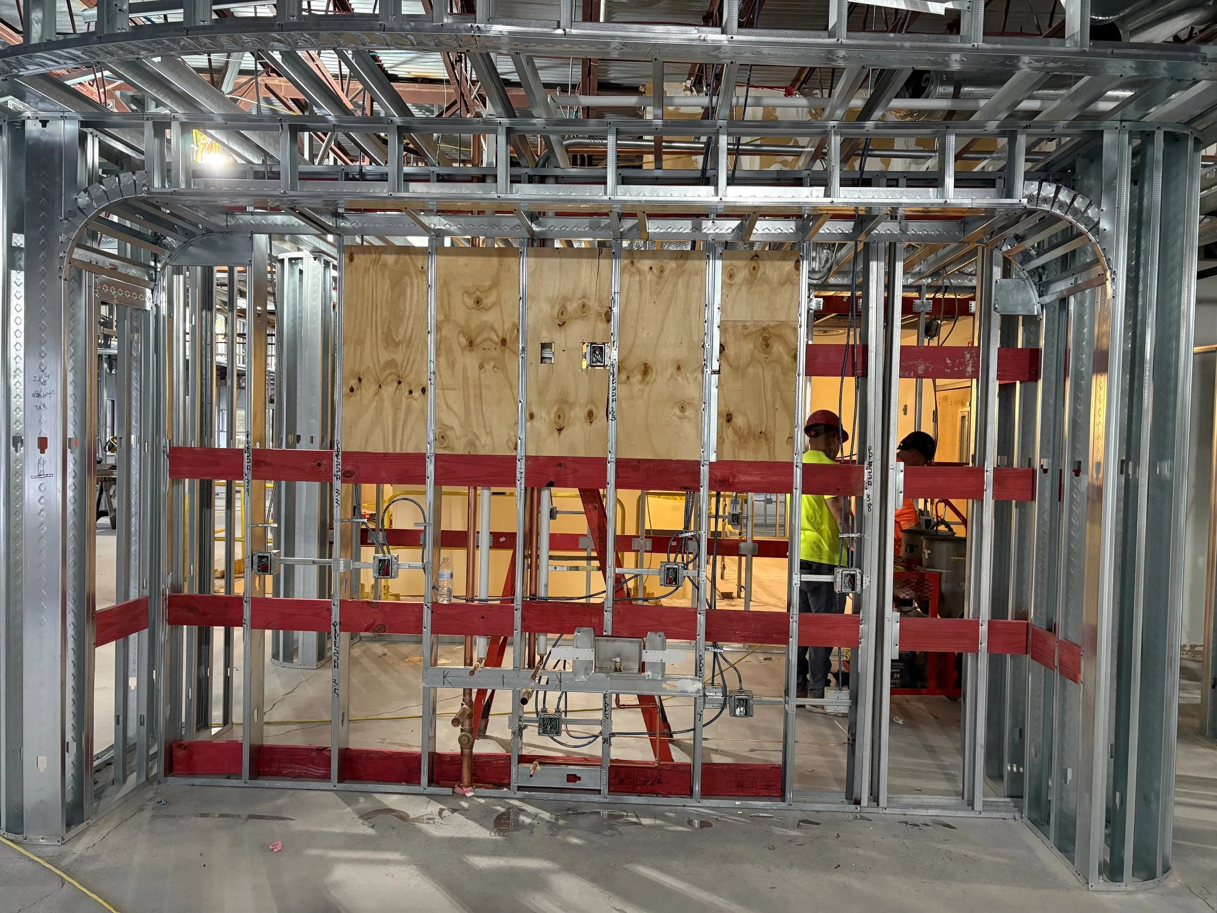 Interior metal framing with radius and blocking.