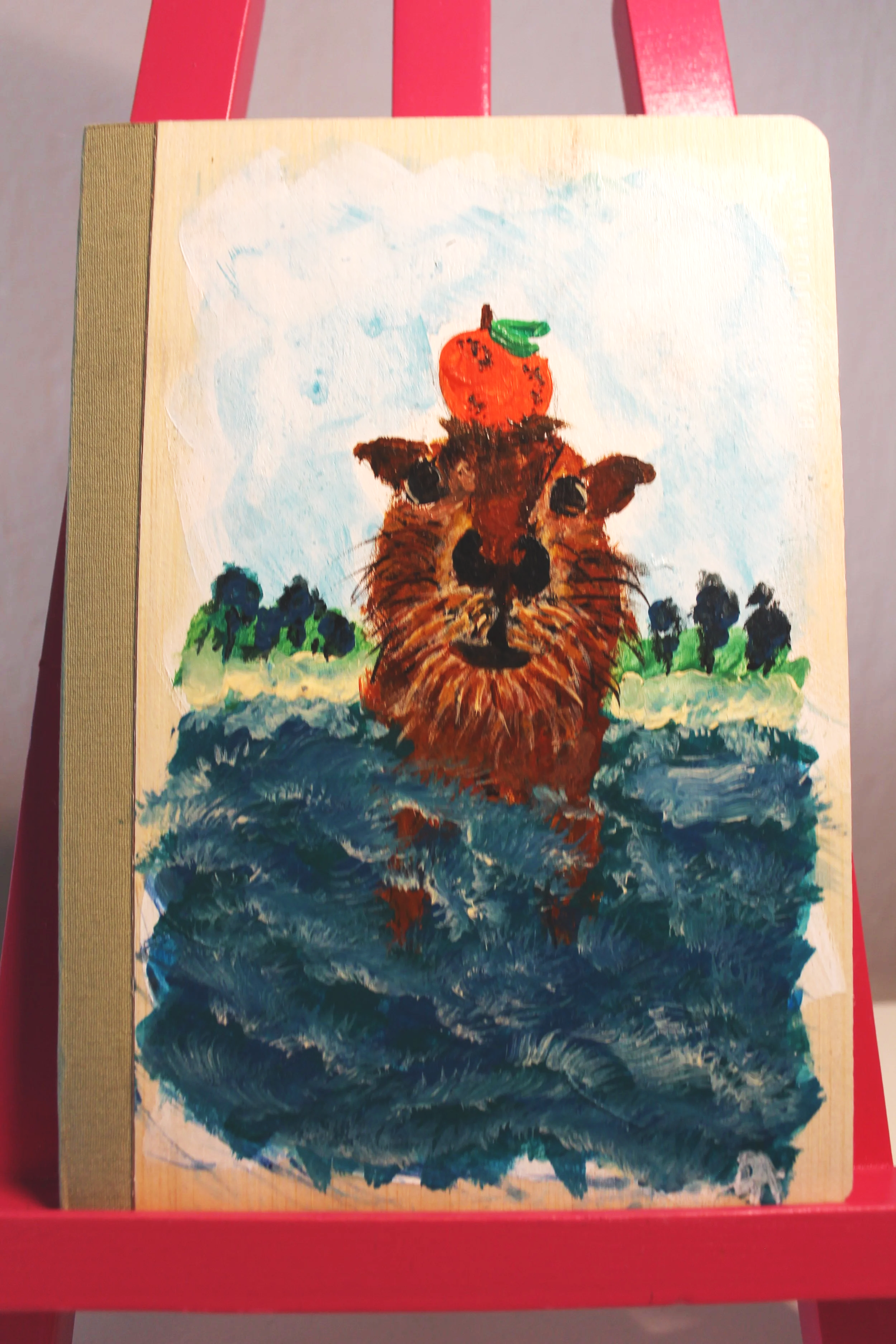 Auftragsarbeit. 
Acryl auf Bambus, Notizbuchcover, 14×20cm.