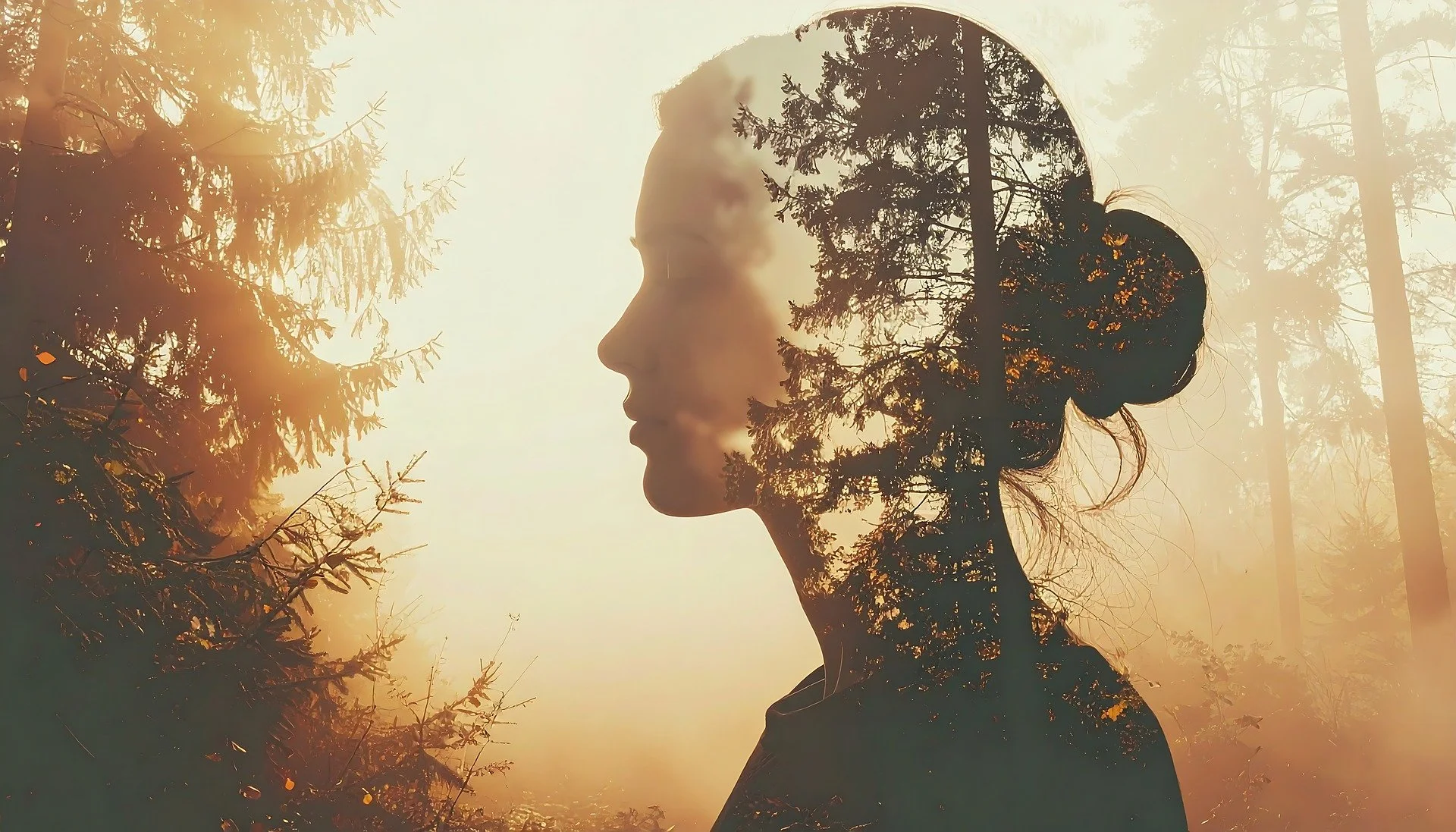 Double exposure photo of a woman with long hair in a bun, overlaid with a forest scene at sunrise or sunset, creating a silhouette effect.