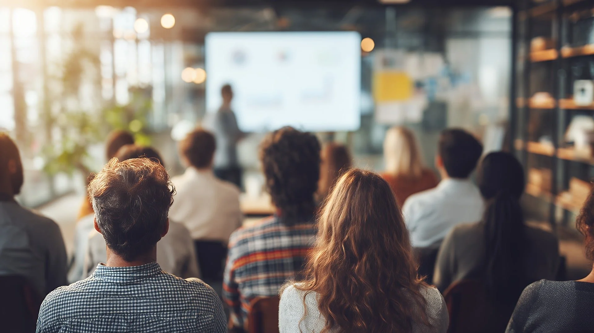 A group of diverse people sitting and facing a presenter at the front of a room, giving a presentation on a large screen.