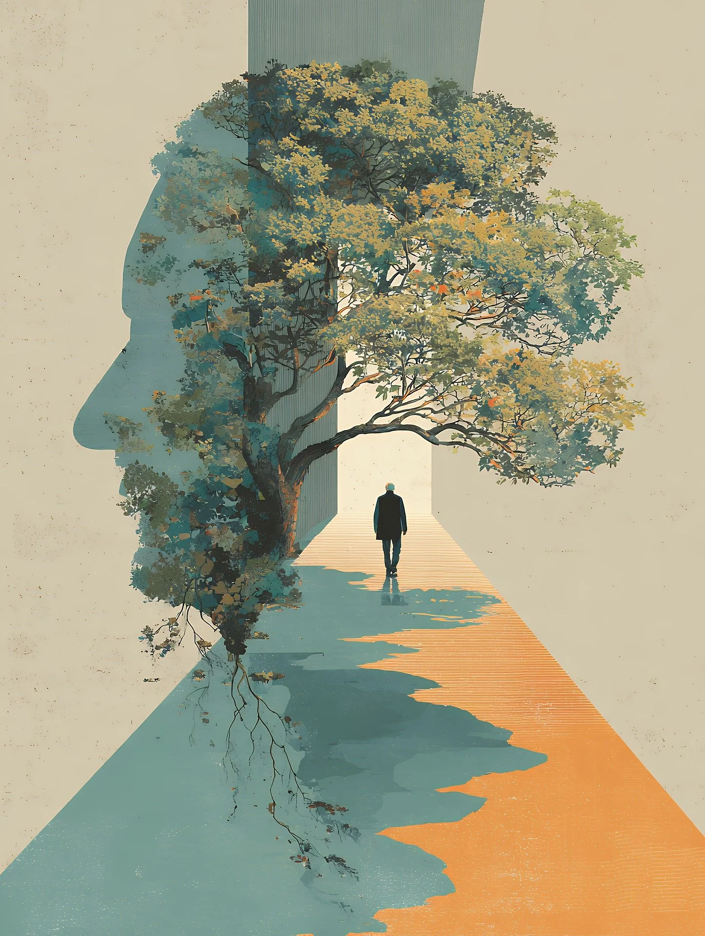 A surreal digital artwork depicting a man walking on a pathway, with a large tree and a woman's face overlayed in the background, blending nature and human elements.