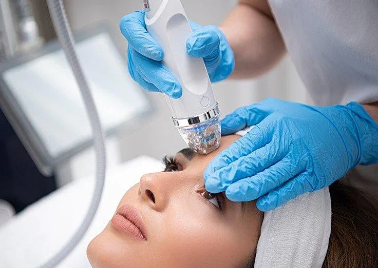 A woman receiving a facial treatment with a handheld device on her face, wearing a headband, in a clinical setting.