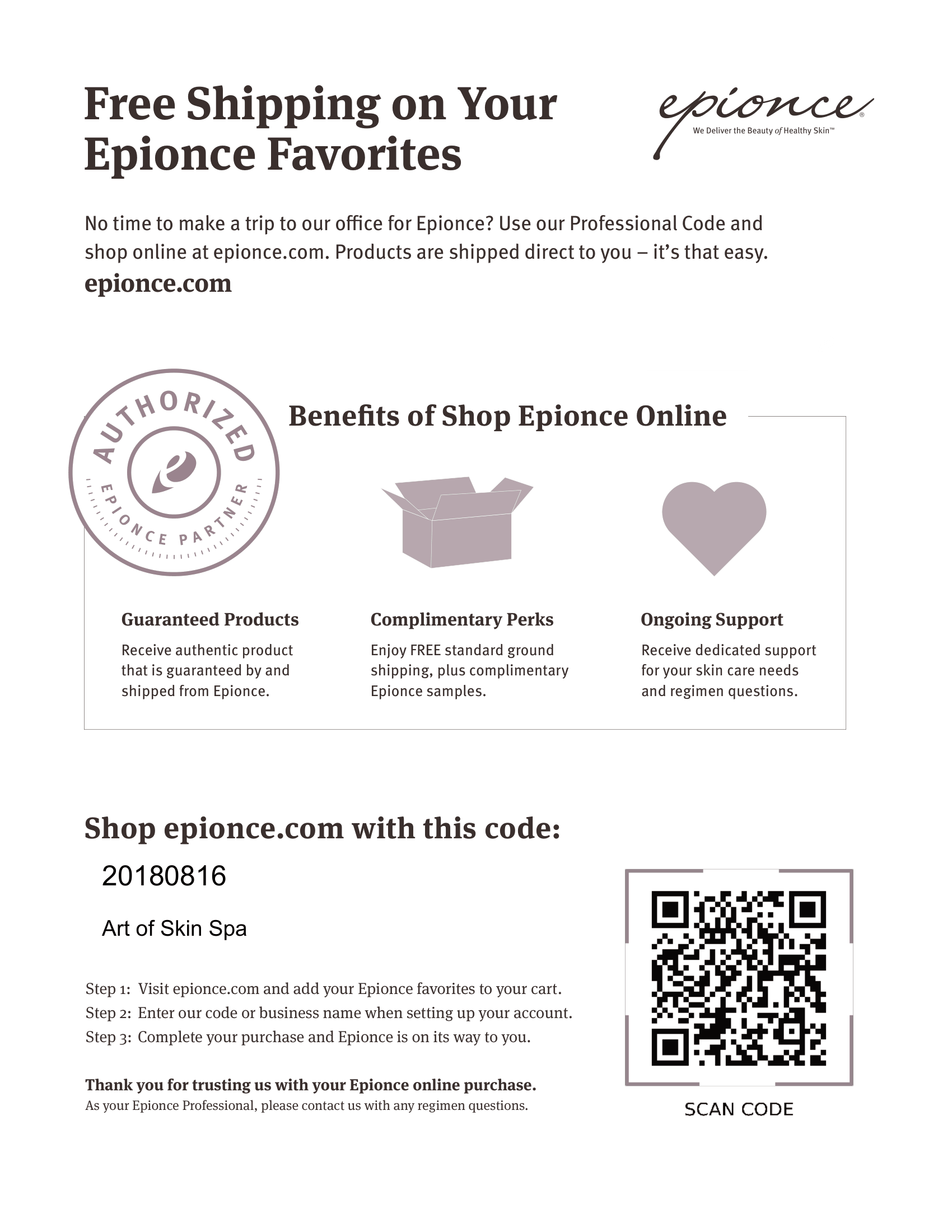 Promotional flyer for Epionce online shopping, offering free shipping and benefits such as guaranteed products, complimentary perks, and ongoing support. Contains a QR code and a promotional code for a discount, with steps on how to purchase and a thank you message.