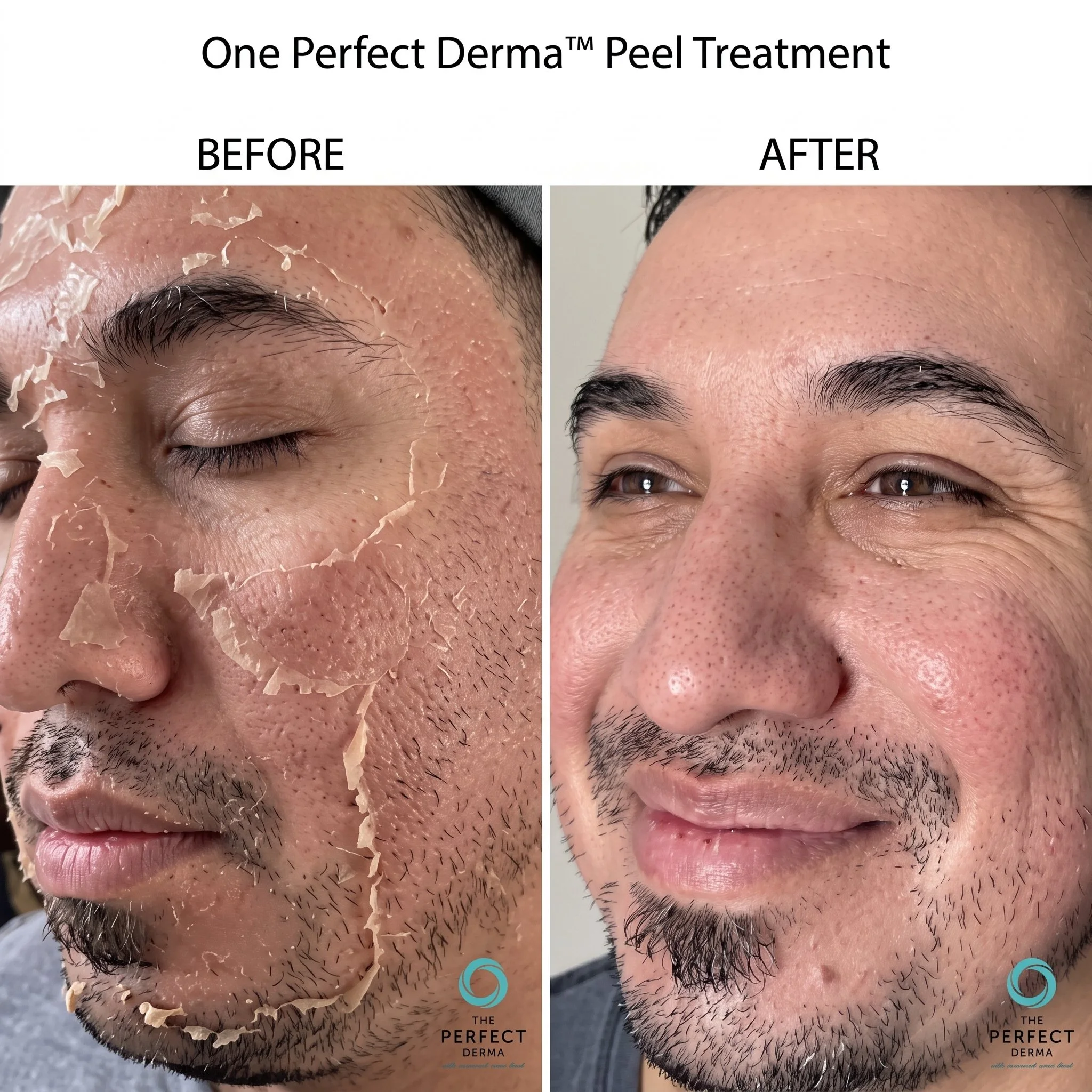 Comparison of a man's forehead before and after a peel treatment, showing smoother skin with reduced pores and fine lines in the after image.