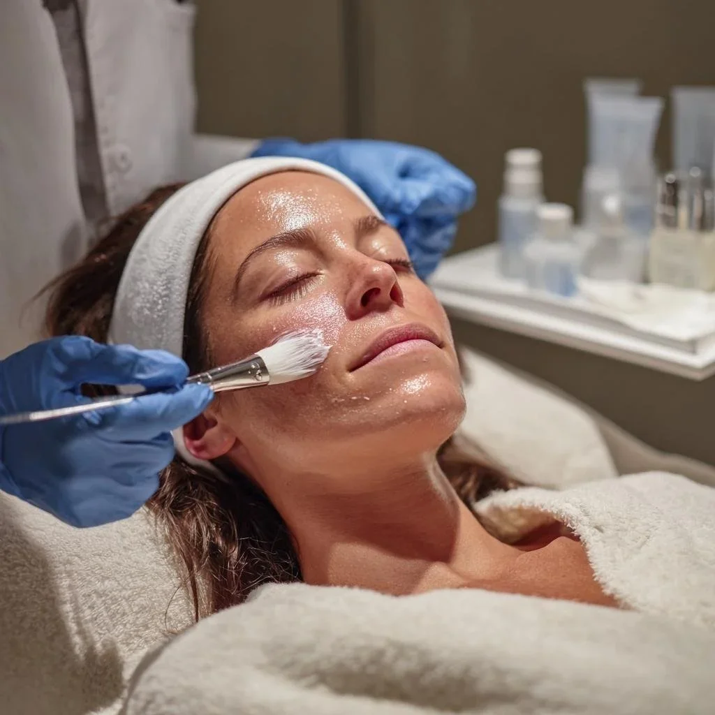 A woman receiving a facial treatment while lying down with her eyes closed, in a spa or clinic setting.