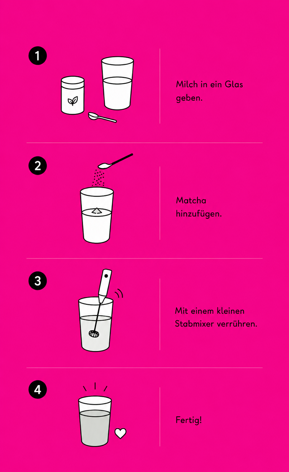 Matcha Latte zubereiten in vier Schritten: Milch ins Glas, Matcha dazu, mit Schneebesen verrühren.