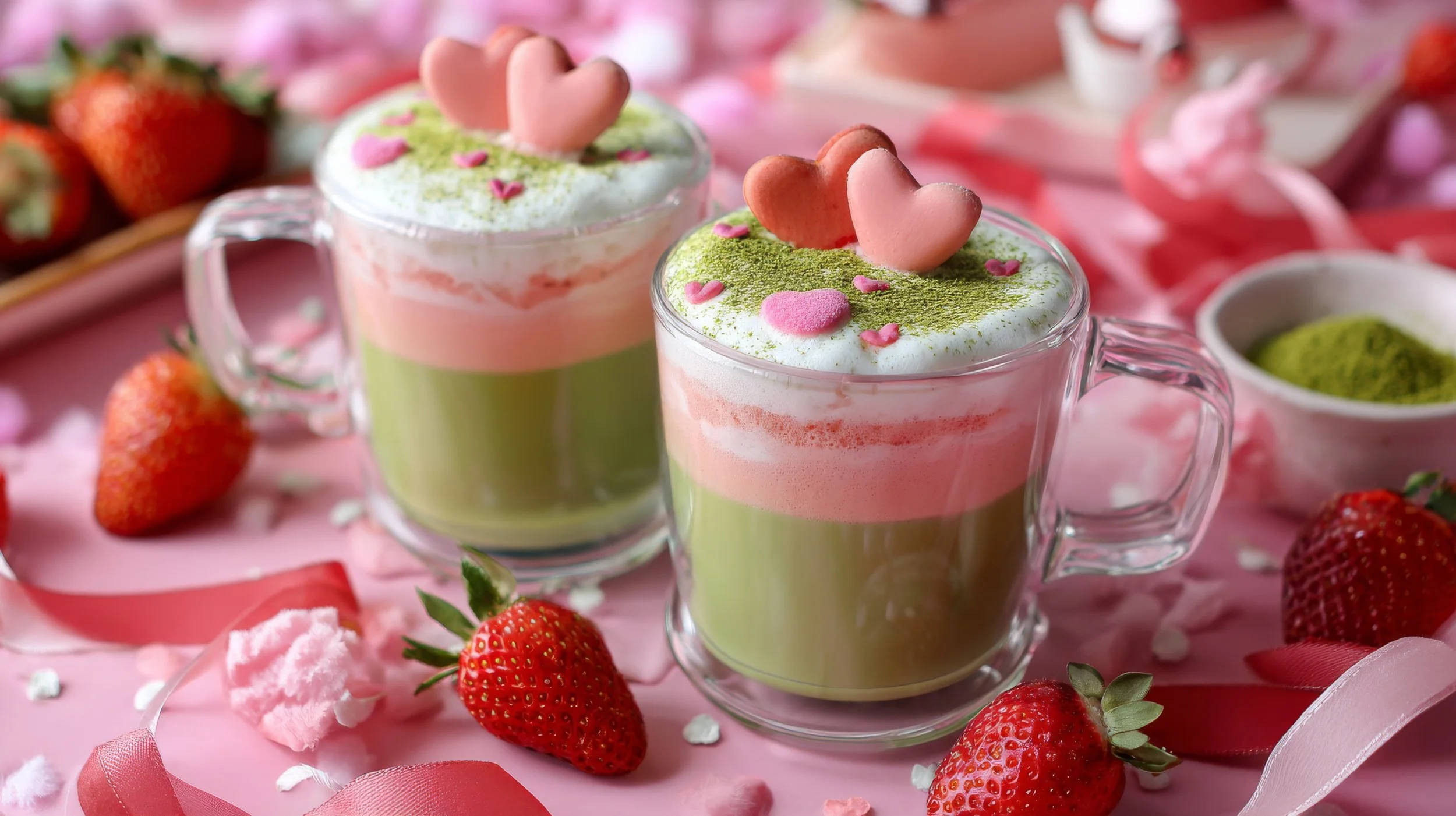 Strawberry Matcha Latte in zwei Gläsern mit Herz-Dekoration