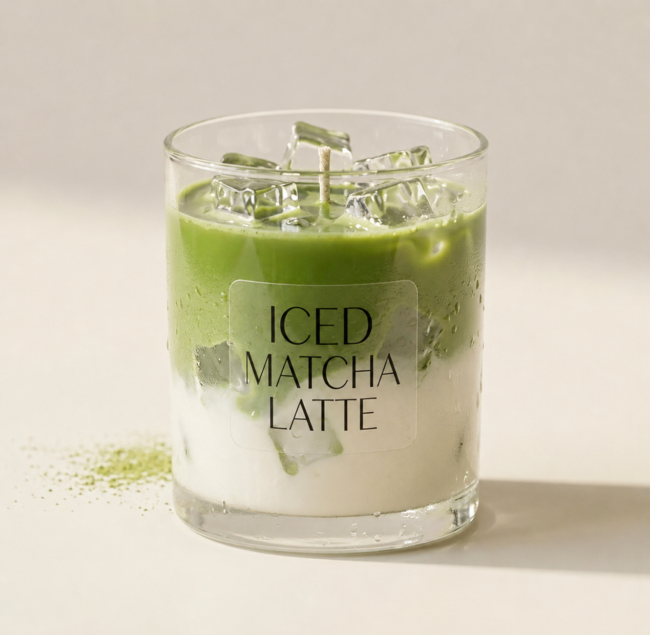 Ein Glas mit grüner Matcha-Latte, Eiswürfeln und einem Strohhalm, mit dem Text 'ICED MATCHA LATTE' auf dem Glas