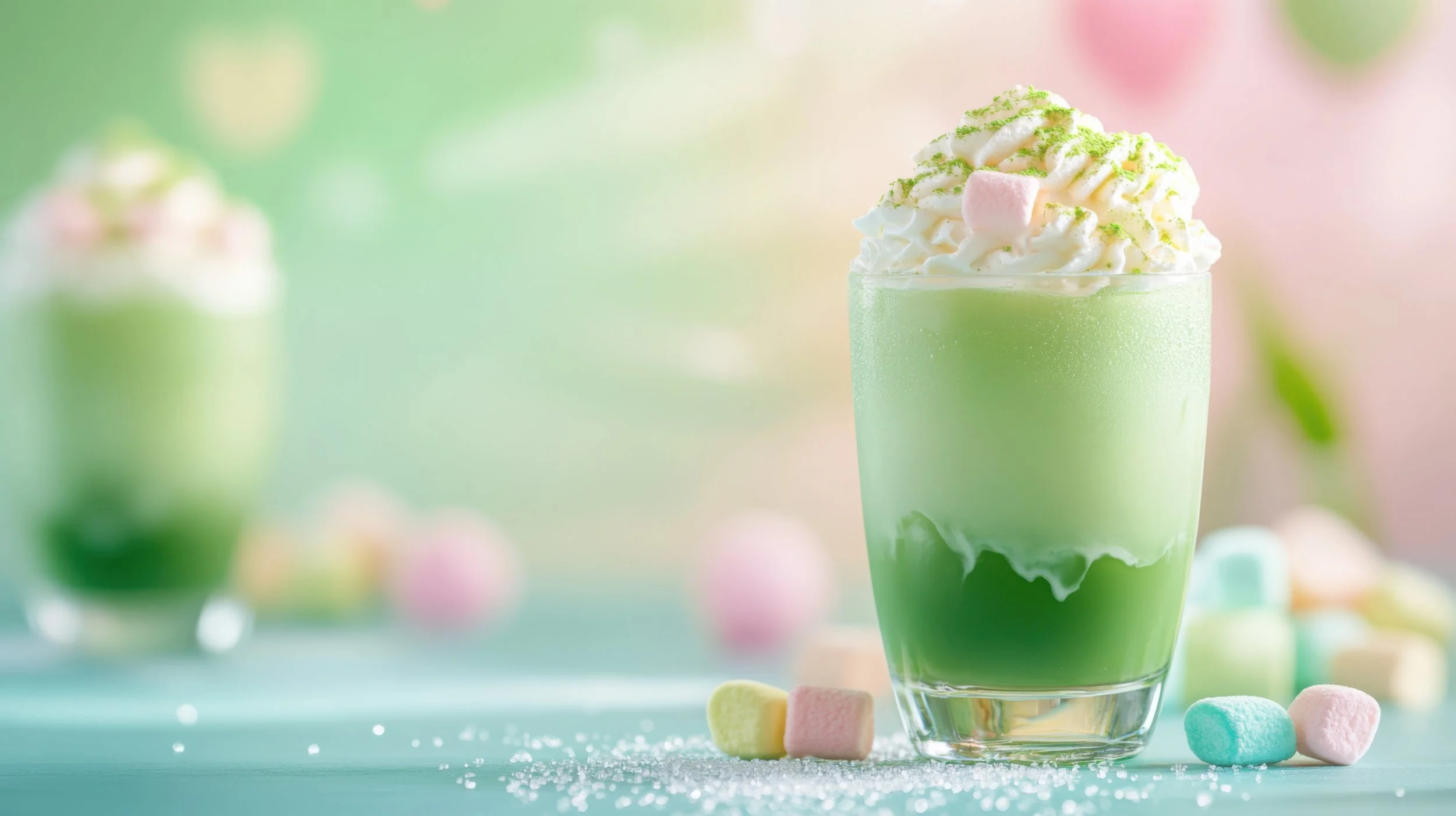 Grüner Milchshake mit Sahne und Marshmallows in einem Glas, mit bunten Süßigkeiten und Bonbons am Tisch.