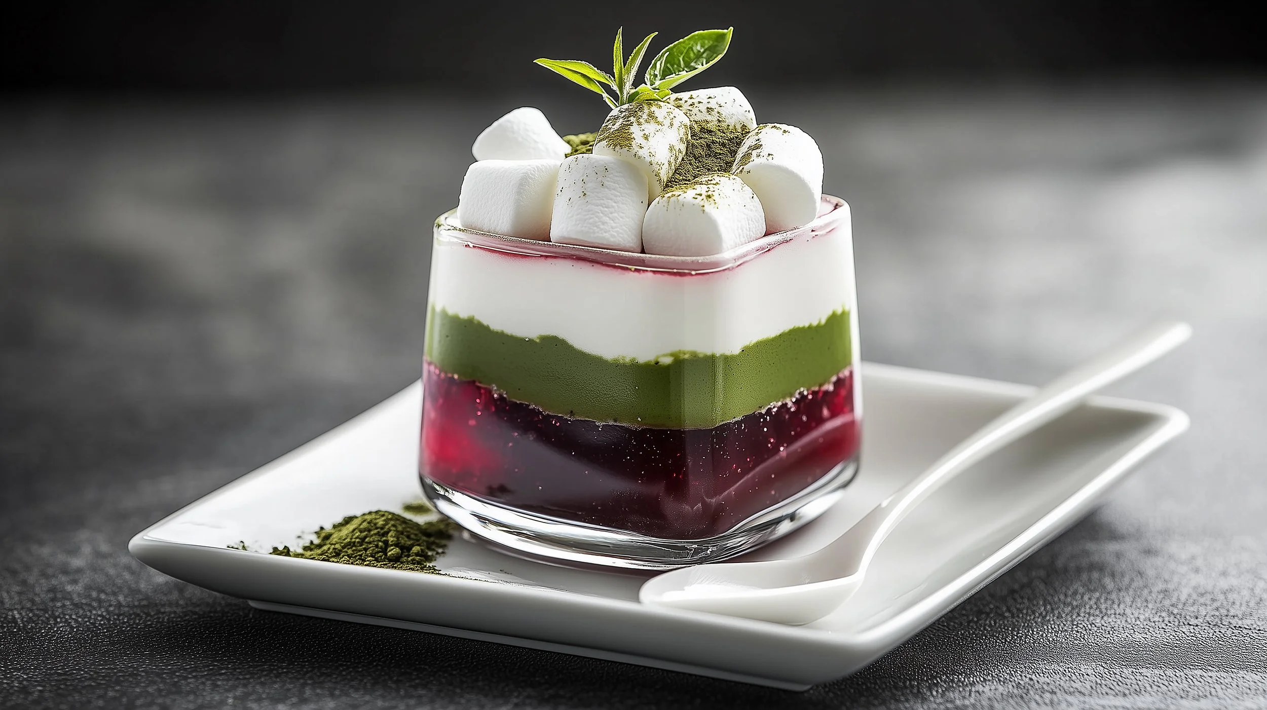 Geschichteter Matcha-Beeren-Dessert im Glas mit Marshmallows