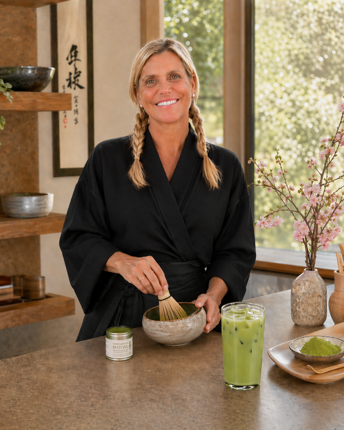 Eine lachende Frau in einem schwarzen Kimono rührt Matcha in einer Schale in einer heimischen, gemütlichen Küche mit japanischer Dekoration, einem Getränk mit grünem Tee und Matchapulver.