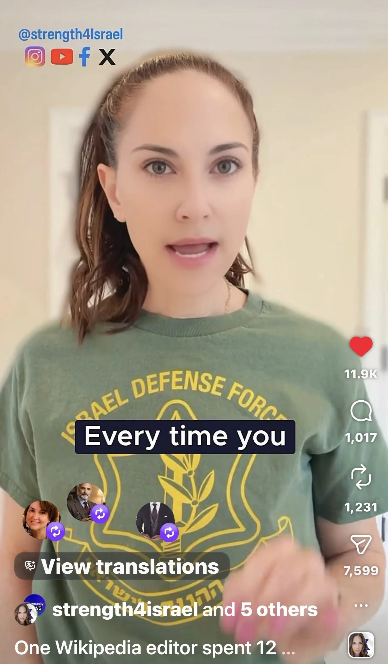 Woman with brown hair in a ponytail wearing a green T-shirt with yellow logo and text, speaking. Social media handles and icons in the top left corner, subtitles in the middle, and various icons with numbers on the right.