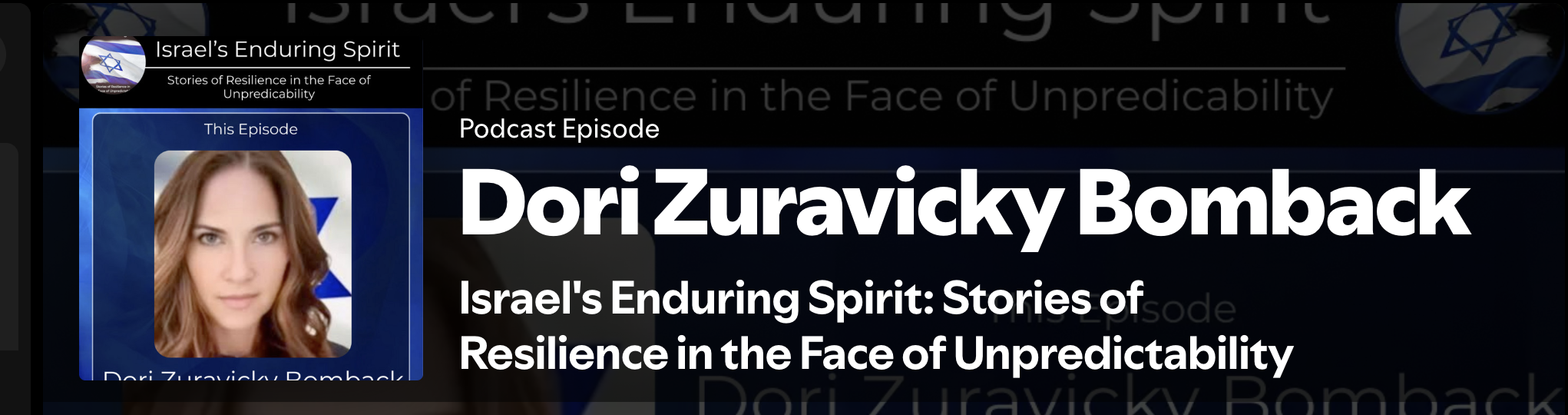 Podcast episode cover titled "Israel's Enduring Spirit" featuring Dori Zuravicky Bomback, with a photo of a woman with light skin and brown hair, and a background with the Israeli flag.
