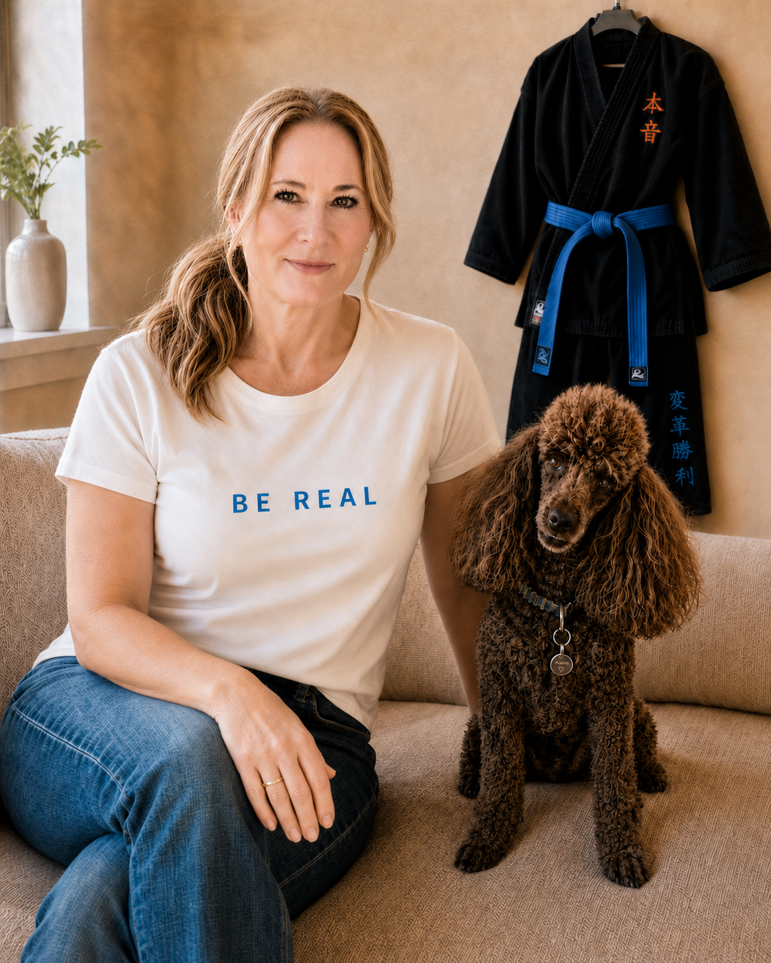Susan Callaghan, talent acquisition leader and founder of InterviewReady, in a lifestyle photo showing her passion for Kenpo Karate and spending time with her miniature poodle, Pierre.