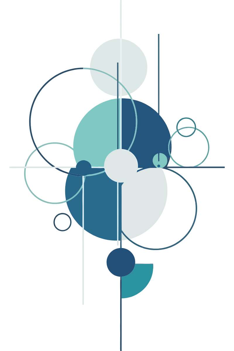 abstract geometric art with overlapping circles and lines in shades of blue, teal, and white.