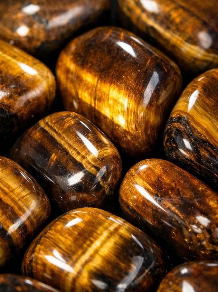 Gros plan sur des pierres de talisman en forme de cabochon, à couleur marron avec des reflets dorés, aspect glossy.